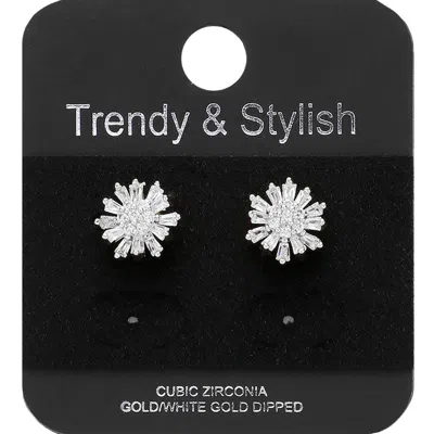Fashnzfab White Gold Dipped Cz Stone Embellished Flower Stud Earrings In Metallic