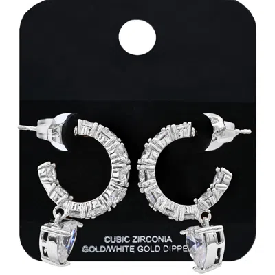 Fashnzfab White Gold Dipped Cz Stone Heart Drop Hoop Earrings In Multi
