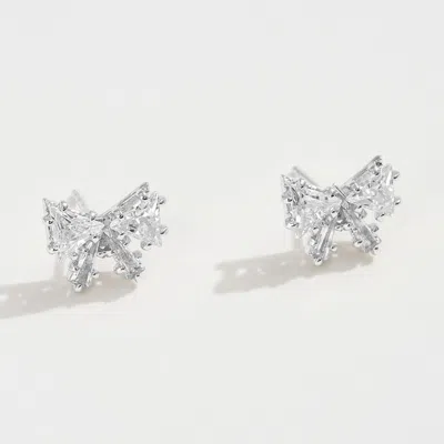 Fashnzfab White Gold Dipped Cz Stone Mini Bow Stud Earrings - Silver