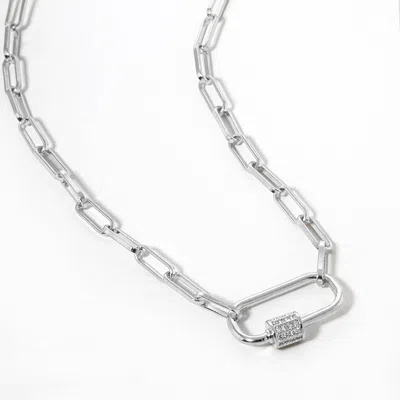 Fashnzfab White Gold Dipped Cz Stone Paved Carabiner Pendant Paperclip Chain Necklace - Clear, Rhodium In Silver