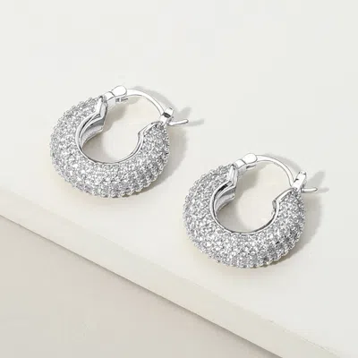 Fashnzfab White Gold Dipped Cz Stone Paved Chunky Pin Catch Hoop Earrings In Brown