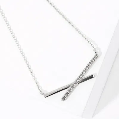 Fashnzfab White Gold Dipped Cz Stone Paved Crisscross Pendant Necklace In Silver
