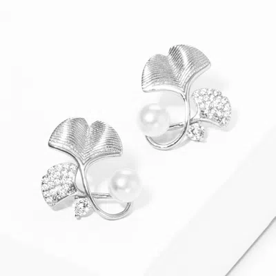 Fashnzfab White Gold Dipped Cz Stone Paved Gingko Pearl Stud Earrings In Metallic