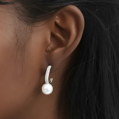 Fashnzfab White Gold Dipped Cz Stone Paved Glamourous Link Pearl Earrings In Silver