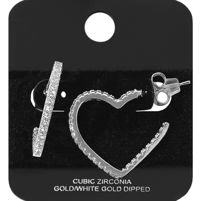 Fashnzfab White Gold Dipped Cz Stone Paved Heart Hoop Earrings In Metallic