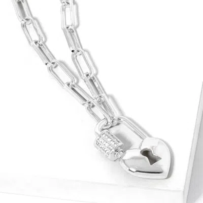 Fashnzfab White Gold Dipped Cz Stone Paved Heart Lock Pendant Paperclip Chain Necklace In Yellow