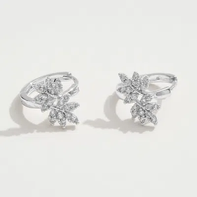 Fashnzfab White Gold Dipped Cz Stone Paved Leaves Mini Huggie Hoop Earrings - Silver