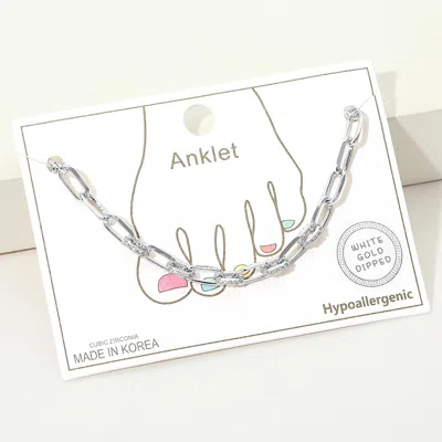 Fashnzfab White Gold Dipped Cz Stone Paved Link Paperclip Chain Anklet - Clear, Rhodium In Multi