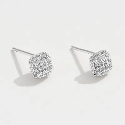 Fashnzfab White Gold Dipped Cz Stone Paved Mini Square Stud Earrings - Silver