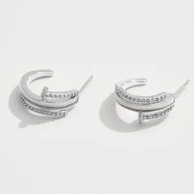 Fashnzfab White Gold Dipped Cz Stone Paved Nail Head Mother Of Pearl Inlay Mini Hoop Earrings - Silver