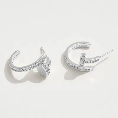 Fashnzfab White Gold Dipped Cz Stone Paved Nail Mini Hoop Earrings - Silver In Metallic