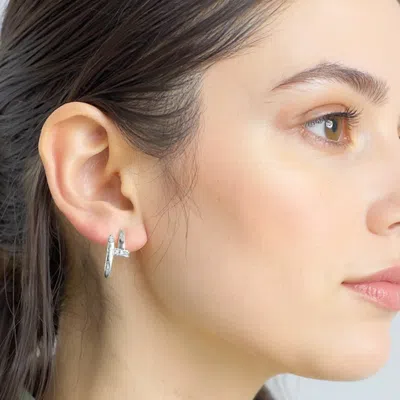 Fashnzfab White Gold Dipped Cz Stone Paved Nail Mini Hoop Earrings - Silver In Metallic