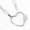Fashnzfab White Gold Dipped Cz Stone Paved Open Heart Carabiner Pendant Paperclip Chain Necklace - Clear, Rhod In Silver
