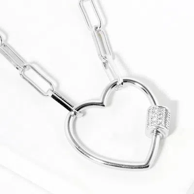 Fashnzfab White Gold Dipped Cz Stone Paved Open Heart Carabiner Pendant Paperclip Chain Necklace - Clear, Rhod In Gray