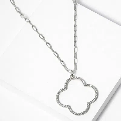 Fashnzfab White Gold Dipped Cz Stone Paved Open Quatrefoil Pendant Necklace In Silver