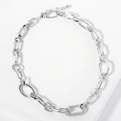 Fashnzfab White Gold Dipped Cz Stone Paved Oval Link Pointed Chain Necklace In Metallic