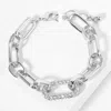 Fashnzfab White Gold Dipped Cz Stone Paved Oval Ring Pointed Link Chain Bracelet Rhodium In Multi