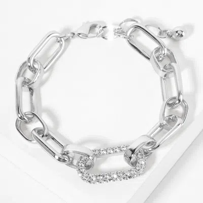 Fashnzfab White Gold Dipped Cz Stone Paved Oval Ring Pointed Link Chain Bracelet Rhodium In Multi