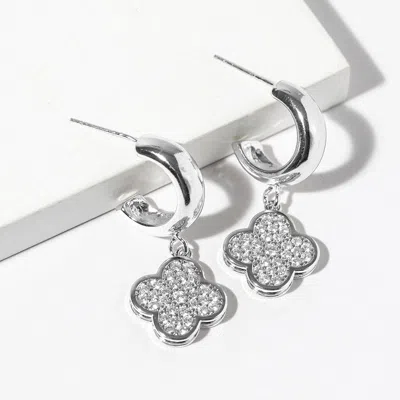 Fashnzfab White Gold Dipped Cz Stone Paved Quatrefoil Drop Dangle Mini Hoop Earrings In Multi