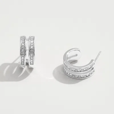 Fashnzfab White Gold Dipped Cz Stone Paved Split Mini Hoop Earrings - Silver In Metallic