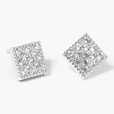 Fashnzfab White Gold Dipped Cz Stone Paved Square Mini Stud Earrings - Clear, Rhodium In Silver