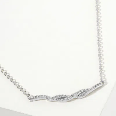 Fashnzfab White Gold Dipped Cz Stone Paved Twisted Bar Accent Necklace In Silver