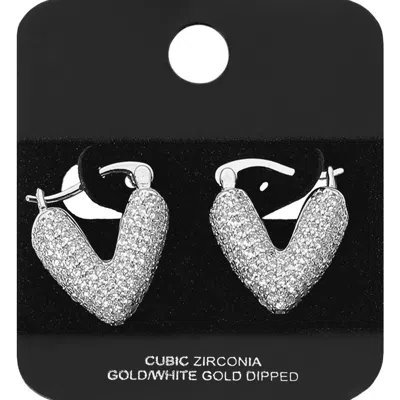 Fashnzfab White Gold Dipped Cz Stone Paved V Shaped Pin Catch Hoop Earrings In Metallic