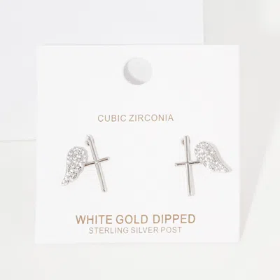 Fashnzfab White Gold Dipped Cz Stone Paved Wing Metal Cross Stud Earrings - Clear, Rhodium In Metallic