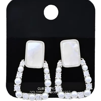 Fashnzfab White Gold Dipped Cz Stone Pearl Embellished Geometric Earrings - Rhodium In Metallic