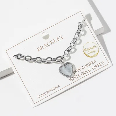 Fashnzfab White Gold Dipped Cz Stone Rim Mother Of Pearl Heart Charm Magnetic Chain Bracelet In Metallic
