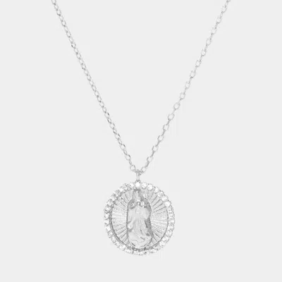 Fashnzfab White Gold Dipped Cz Trimmed Virgin Mary Metal Round Pendant Necklace In Multi