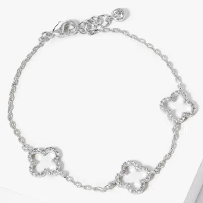 Fashnzfab White Gold Dipped Cz Triple Quatrefoil Charm Station Bracelet In Silver