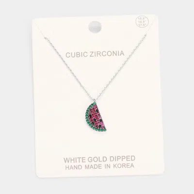 Fashnzfab White Gold Dipped Cz Watermelon Pendant Necklace In Multi