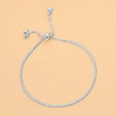 Fashnzfab White Gold Dipped Dainty Tennis Chain Adjustable Cinch Pull Tie Bracelet In Silver