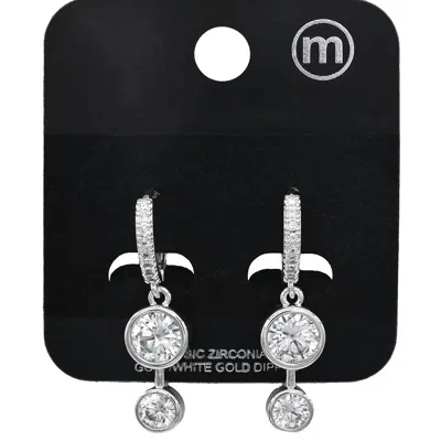 Fashnzfab White Gold Dipped Double Circle Cz Stone Drop Huggie Hoop Earrings In Multi