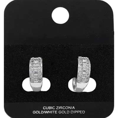 Fashnzfab White Gold Dipped Double Cz Pave Row Mini Open Hoop Earrings Rhodium In Silver