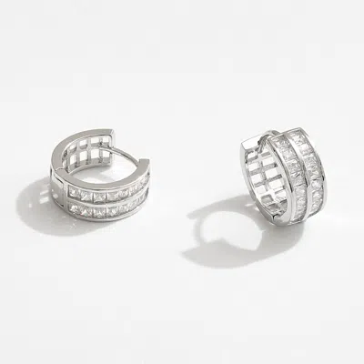 Fashnzfab White Gold Dipped Double Cz Row Huggie Hoop Earrings In Multi