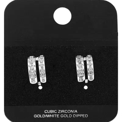 Fashnzfab White Gold Dipped Double Cz Row Mini Open Hoop Earrings Rhodium In Black