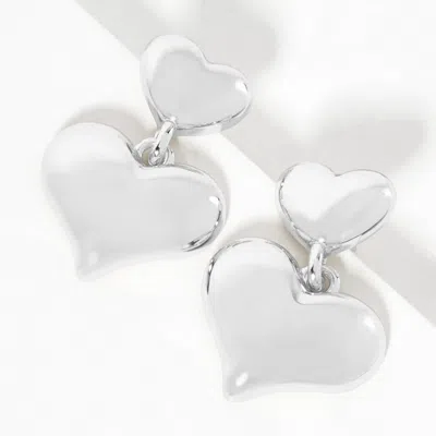 Fashnzfab White Gold Dipped Double Heart Link Earrings - Rhodium In Metallic