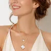 Fashnzfab White Gold Dipped Double Mother Of Pearl Quatrefoil Pendant Necklace In Multi