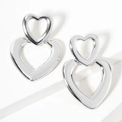 Fashnzfab White Gold Dipped Double Open Heart Link Earrings - Rhodium In Silver