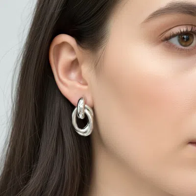 Fashnzfab White Gold Dipped Double Oval Link Drop Earrings In Silver