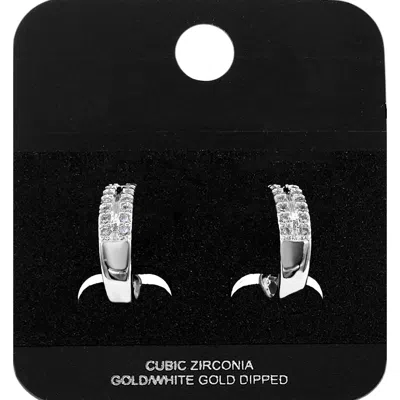 Fashnzfab White Gold Dipped Double Round Cz Row Mini Open Hoop Earrings Rhodium In Red