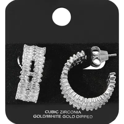 Fashnzfab White Gold Dipped Double Row Baguette Cz Stone Cluster Around Hoop Earrings In Metallic