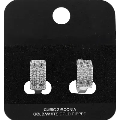 Fashnzfab White Gold Dipped Double Row Cz Pave Mini Open Hoop Earrings Rhodium In Silver