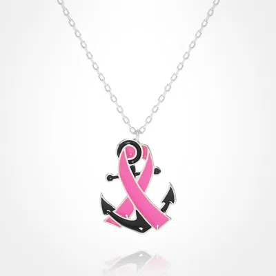 Fashnzfab White Gold Dipped Enamel Anchor Pink Ribbon Pendant Necklace