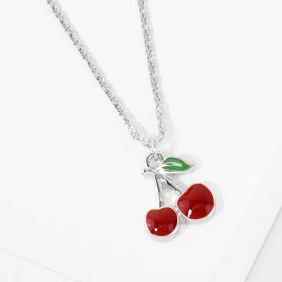 Fashnzfab White Gold Dipped Enamel Cherry Pendant Necklace - Rhodium In Multi