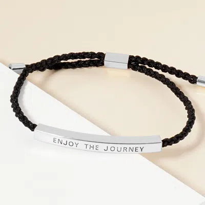 Fashnzfab White Gold Dipped Enjoy The Journey Message Bar Pointed Rope Adjustable Cinch Pull Tie Bracelet Rhod In Black