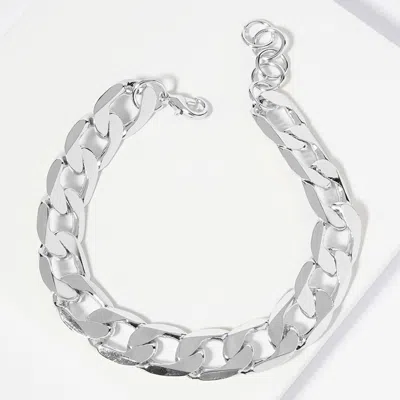 Fashnzfab White Gold Dipped Flat Cuban Chain Bracelet Rhodium In Metallic
