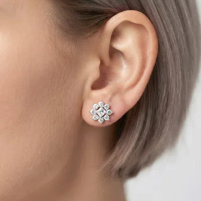 Fashnzfab White Gold Dipped Floral Cz Cluster Stud Earrings In Multi